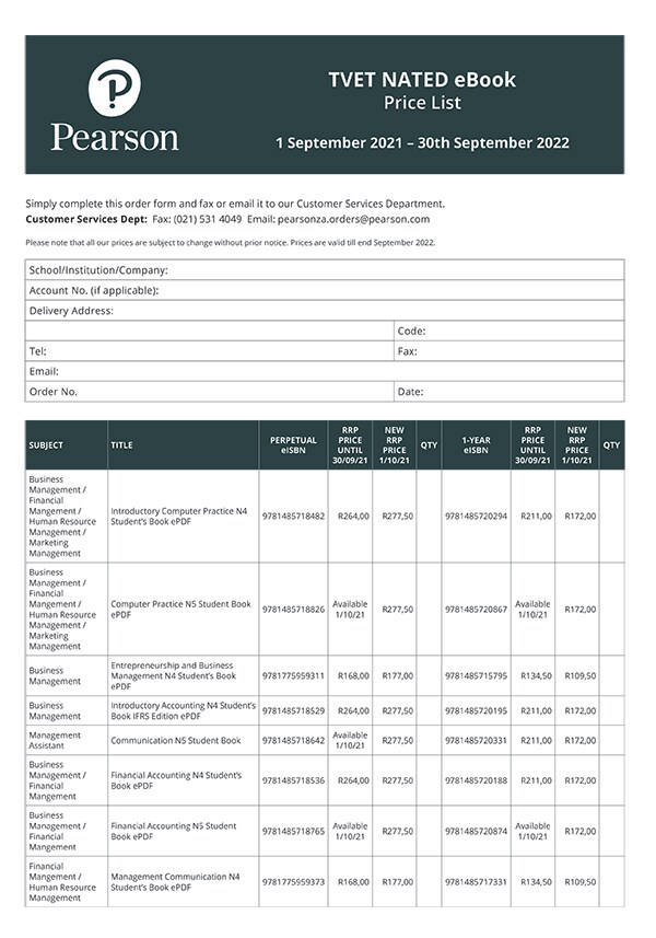 Pearson TVET NATED eBook Price List 2021-2022