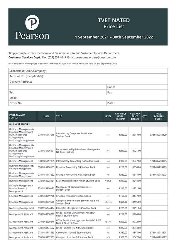 Pearson TVET NATED Print Price List 2021-2022
