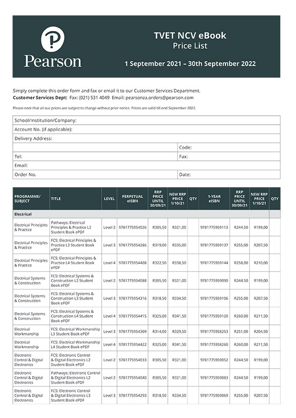 Pearson TVET NCV eBook Price List 2021-2022