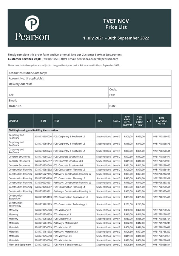 Pearson TVET NCV Print Price List 2021-2022